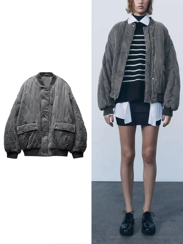 Imagen 1 del producto Chaqueta de aviador de algodón con cuello redondo para mujer, abrigo, Chaqueta de algodón holgada y cálida con cremallera y botones, chaqueta Vintage de moda gris