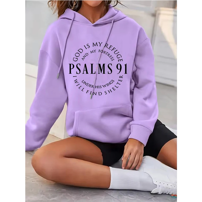 مزامير ملهمة للسيدات 91 آية طويلة الأكمام هوديس عادية الكنغر جيب المرأة بلوزات الجرافيك مقنعين هودي الملابس