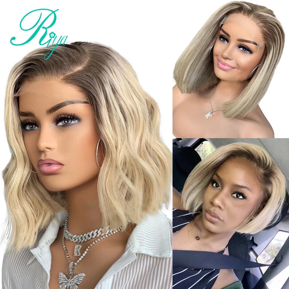 4T613 Honey Blonde Ombre 613 Color 150% 4x4 Lace Closure Wig Short Pixie Bob Cut Straight 13X4 Lace Front Human Hair Wigs Riya