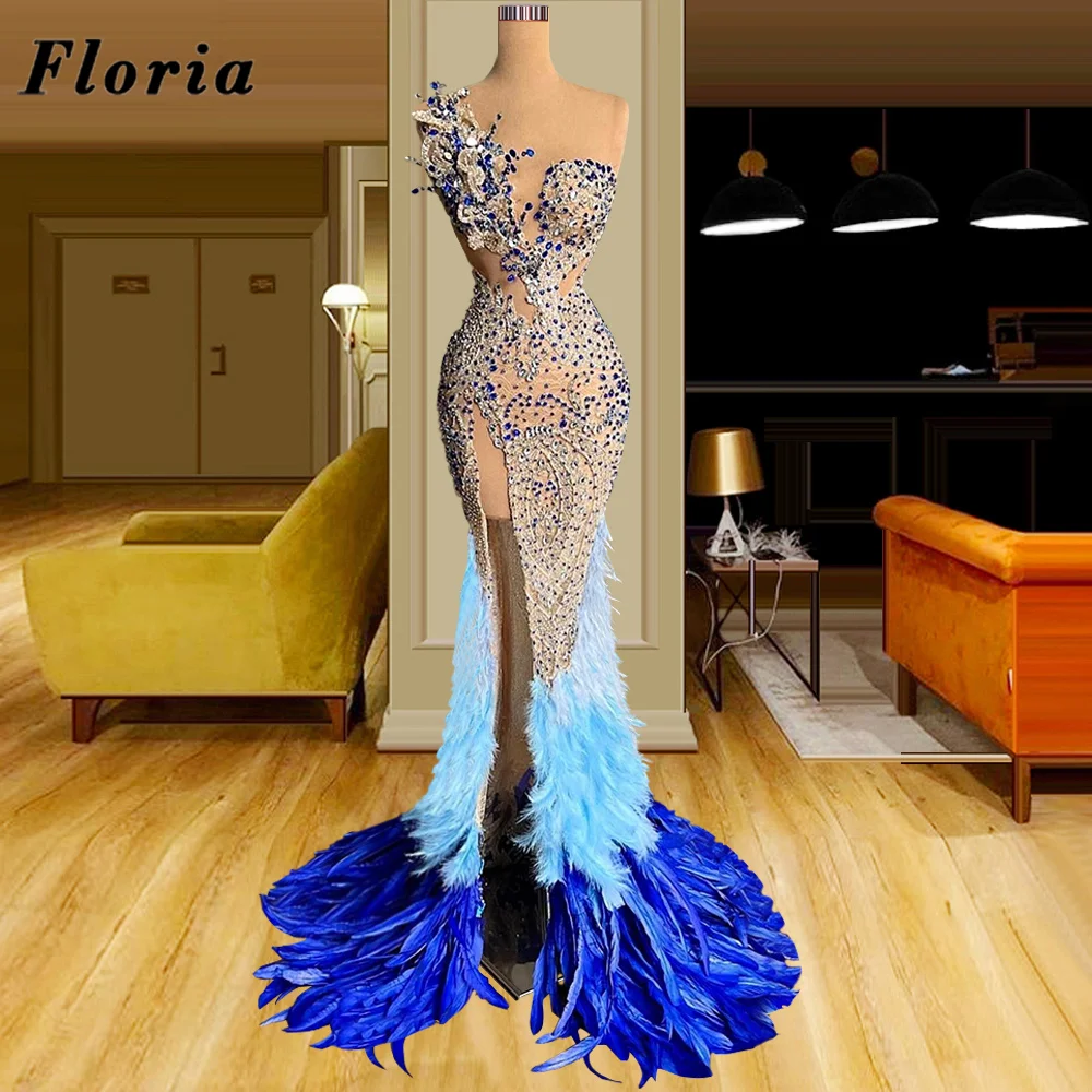 Floria Sexy Mermaid Evening Gowns 2023 New Fashion Blue Feathers Long Prom Dress High Split Side Women Party Dresses For Wedding