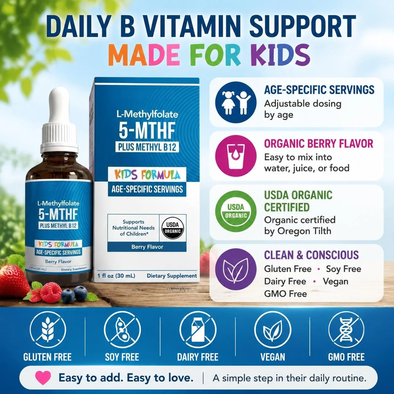 L-Methylfolate 5-MTHF Plus Methyl B12 Kids Drops, Active Folate for Brain Development, Mood Balance and Focus Support, 30 ML