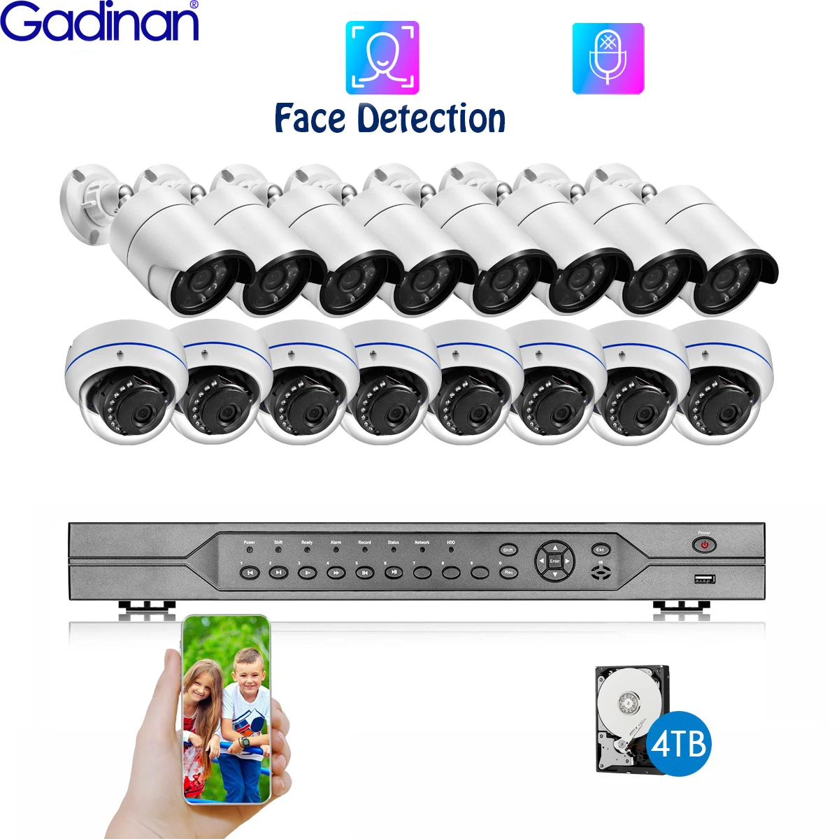 

Gadinan 5MP Security POE IP Camera Face Detection H.265 16CH 4K POE CCTV Set NVR Kit Outdoor Waterproof video Surveillance Syste