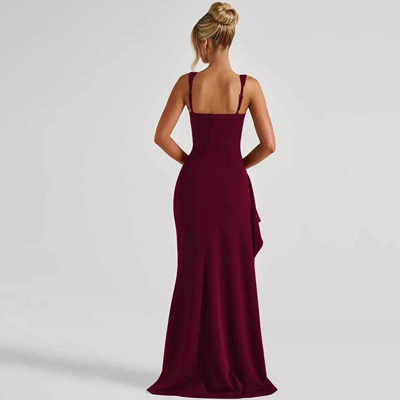 Damen Bodycon Abendkleid, Spaghetti-Träger Quadratischer Ausschnitt Schlitz Midi-Kleid Sexy Formelles Ballkleid Partykleider – Detail 22