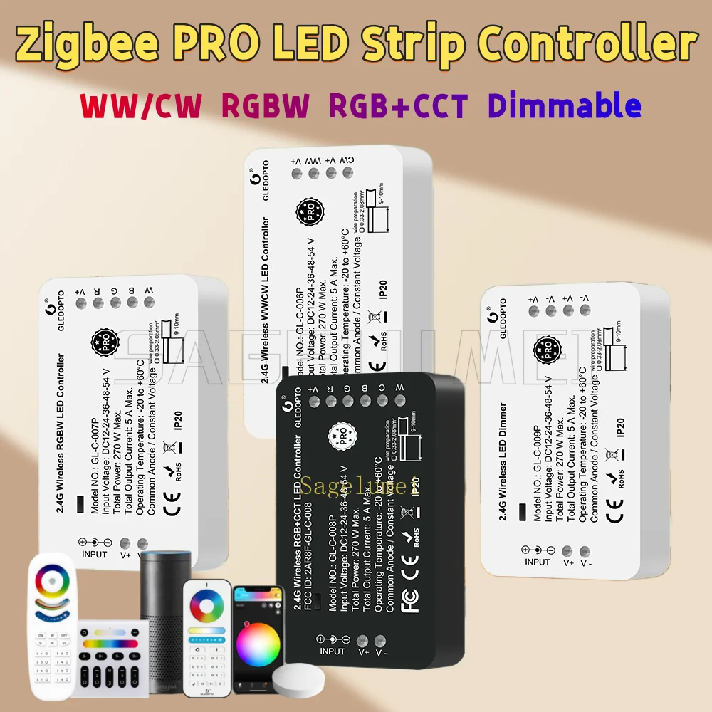 Tuya Smart App Things Zigbee 3.0 Smart LED Strip Controller GLEDOPTO RGBCCT Pro متوافق مع Hub 2.4G RF التحكم عن بعد الصوتي