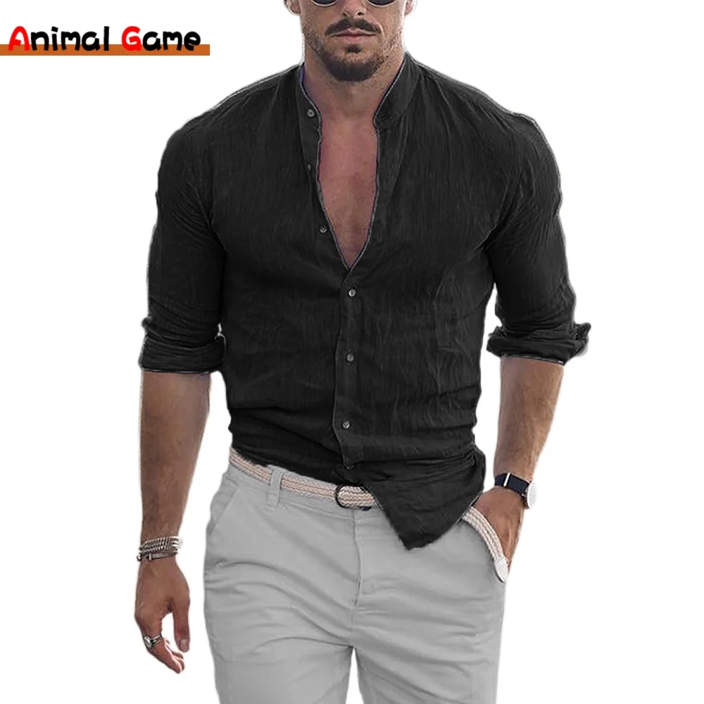 New Men\'s Cotton Linen Shirts Autum Spring Mock Neck Long Sleeve Oversize Top Handsome Fashion Solid Color Shirt 5XL