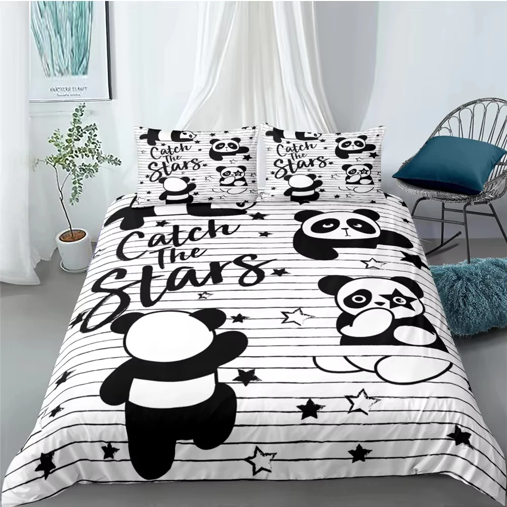 Kawaii Panda Duvet Cover Cartoon Panda Bedding Sets for Child Girls Boys, Cute Black White Bear Comforter Cover Twin Queen Size