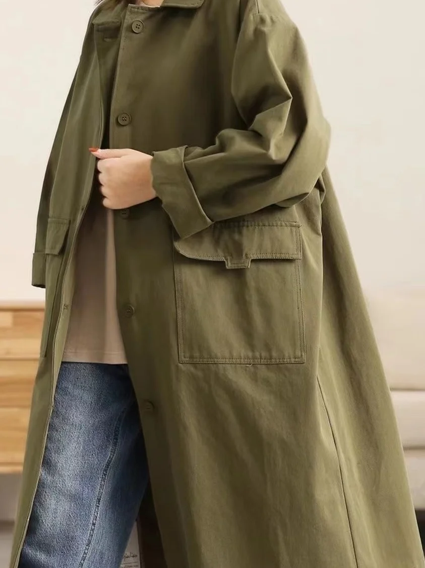 

Casual Loose Women's Windbreaker Coat Spring Autumn Workwear Collar Long Sve Mid-Length Single Button Closure C...
