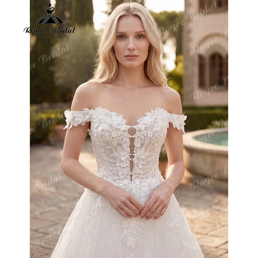 2027 Off‑the‑Shoulder A‑Line Wedding Dress 3D Floral Lace Glitter Tulle Corset Lace‑Up Back Vestido De Novia For Garden Customiz