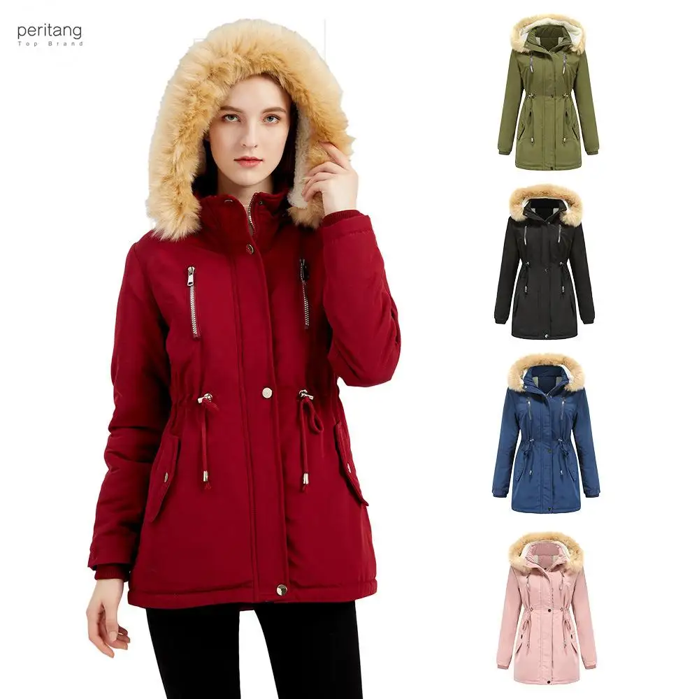 

PERITANG Shearling Cotton Jacket for Women Loose Fit Cotton Clothing with Detachable Hood and Fur-Lined Coat Parkas