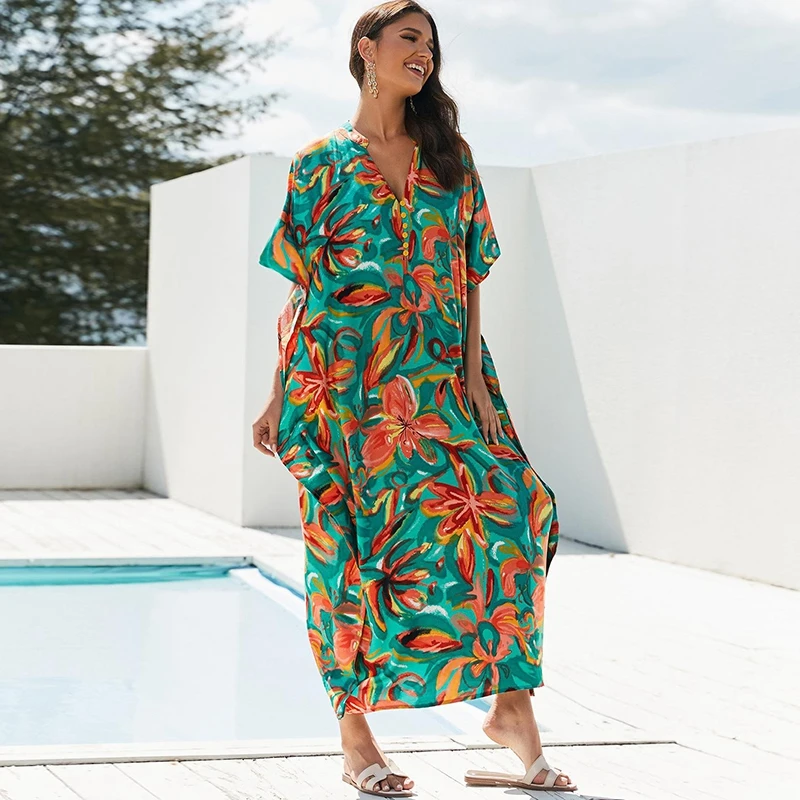 Tropical Lily Floral Oil Painting Kaftan Women Summer Beauty Boho Maxi Dress Green Rayon Breeze Caftan Robe Island Beach CoverUp