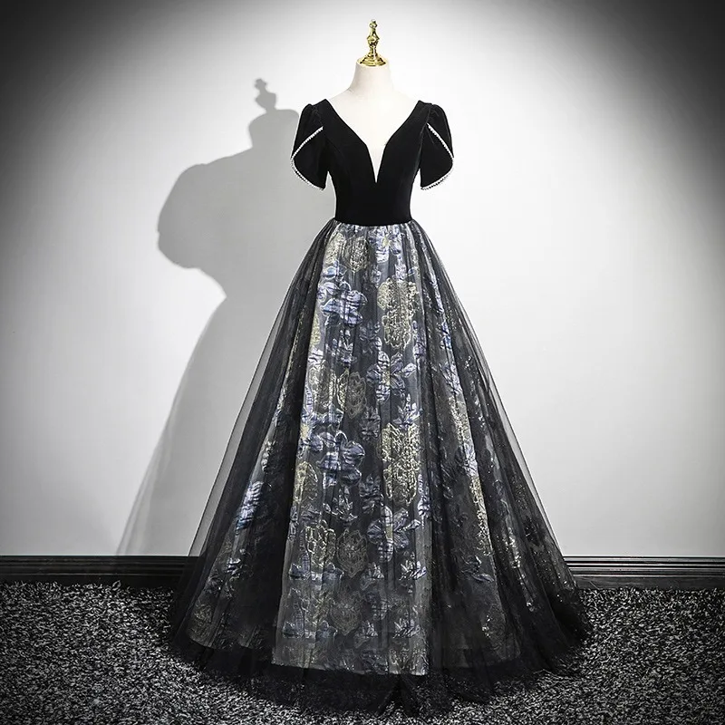 

French Black V-neck Evening Gown 2026 New Style Student Art Exam Piano Performance Costume Temperament Mesh Long Dress
