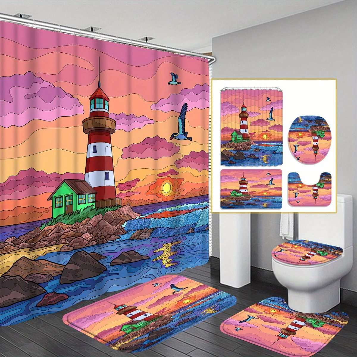 

Lighthouse 4pcs Bathroom Set, High Quality Shower Curtain, Absorbent Bathroom Floor Carpet, Non-slip U-Shaped Contour Rug