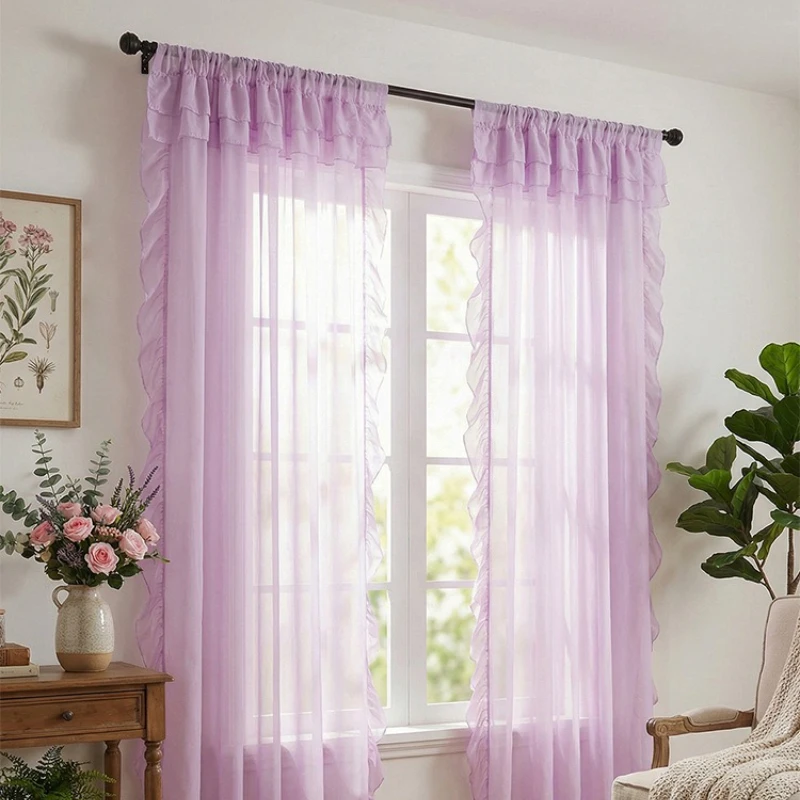 Home Decor Romantic Curtain Semi Transparent Rod Pocket Sheer Curtain with Lotus Leaf Edge Light Elegant Door Window Drapery