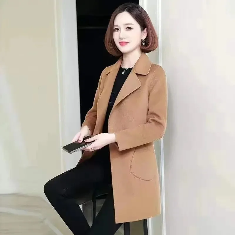 

2023 Autumn and Winter New Double Faced Woolen Coat Women's Woolen Outcoat Mid Length Korean Edition Suit Collar Slim Fit Tide