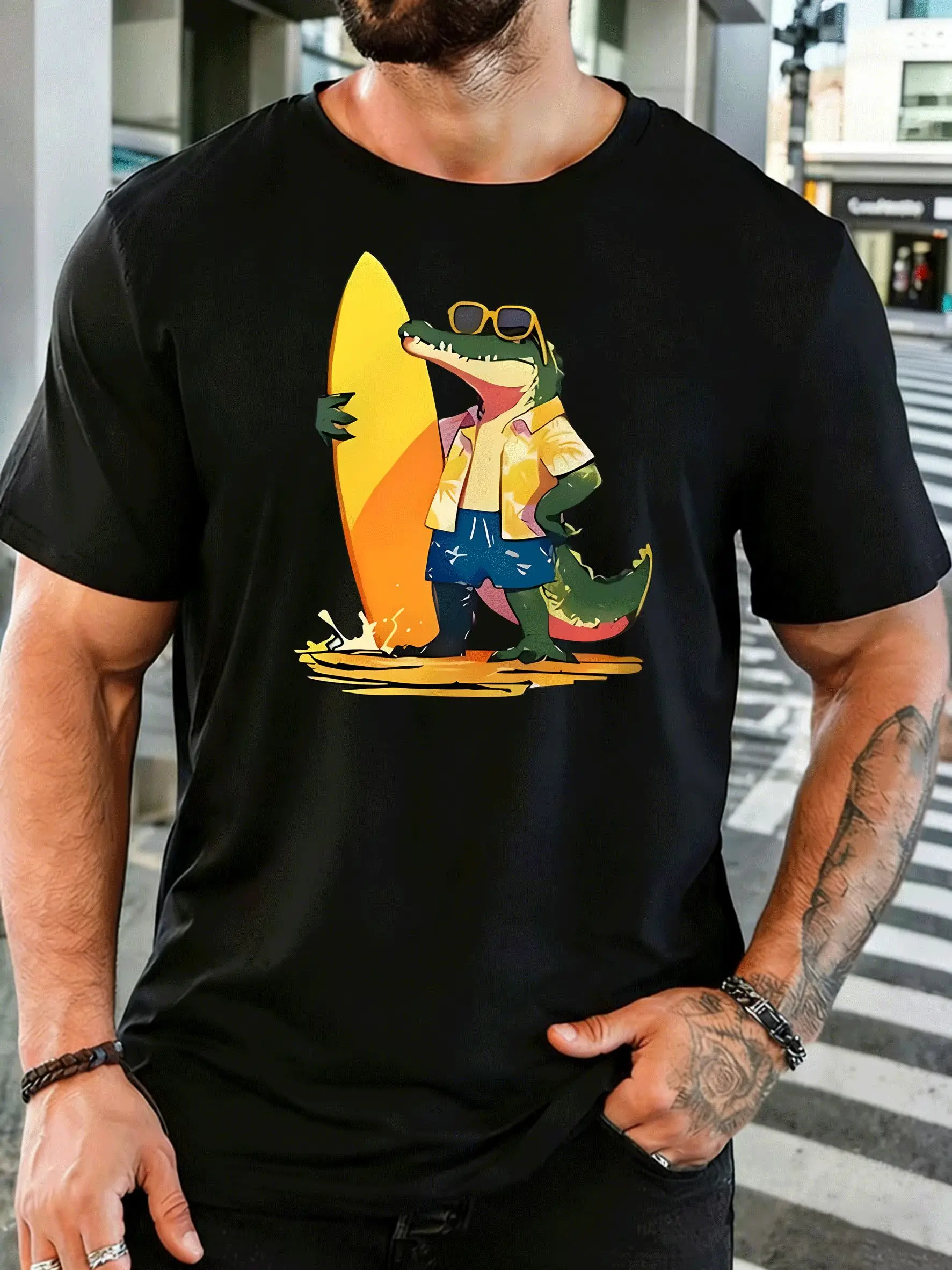 Men Short Sleeve T Shirt Surfing Crocodile Graphic Tee Beach Print Tops Summer Soft Cotton Casual Street Wear For Adult Male