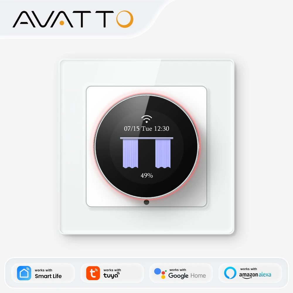 AVATTO WiFi Smart Knob Curtain Switch,With Ambient Light Ring,Precise Percentage Control,Works With Tuya Alexa Google Home Alice