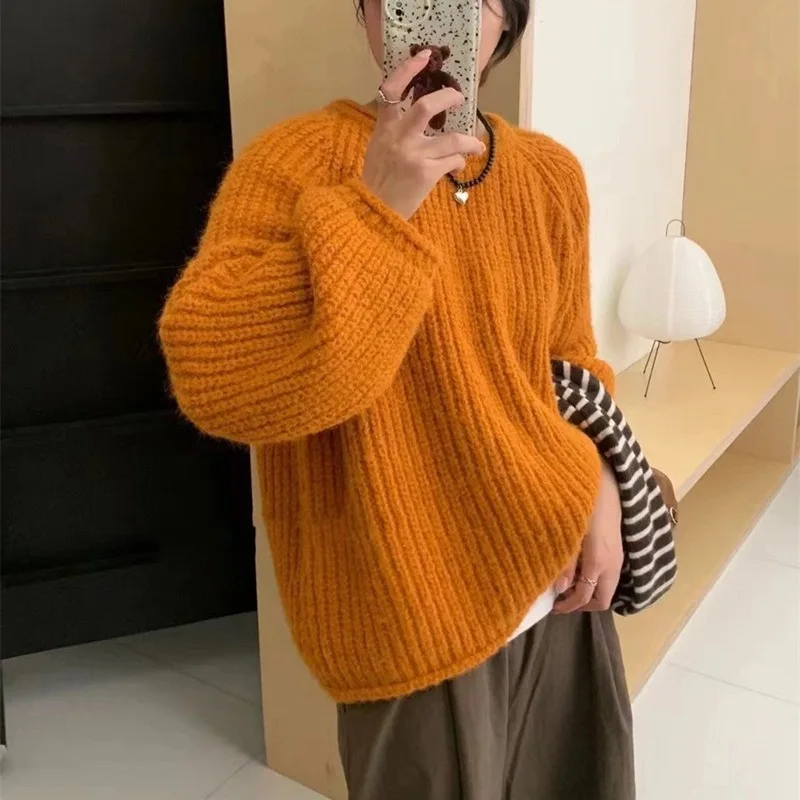 

Korean Coarse Yarn Knitted Sweaters Womens Loose Fashion Candy Color O-Neck Pullover Autumn Winter Thicken Warm Long Sleeve Tops