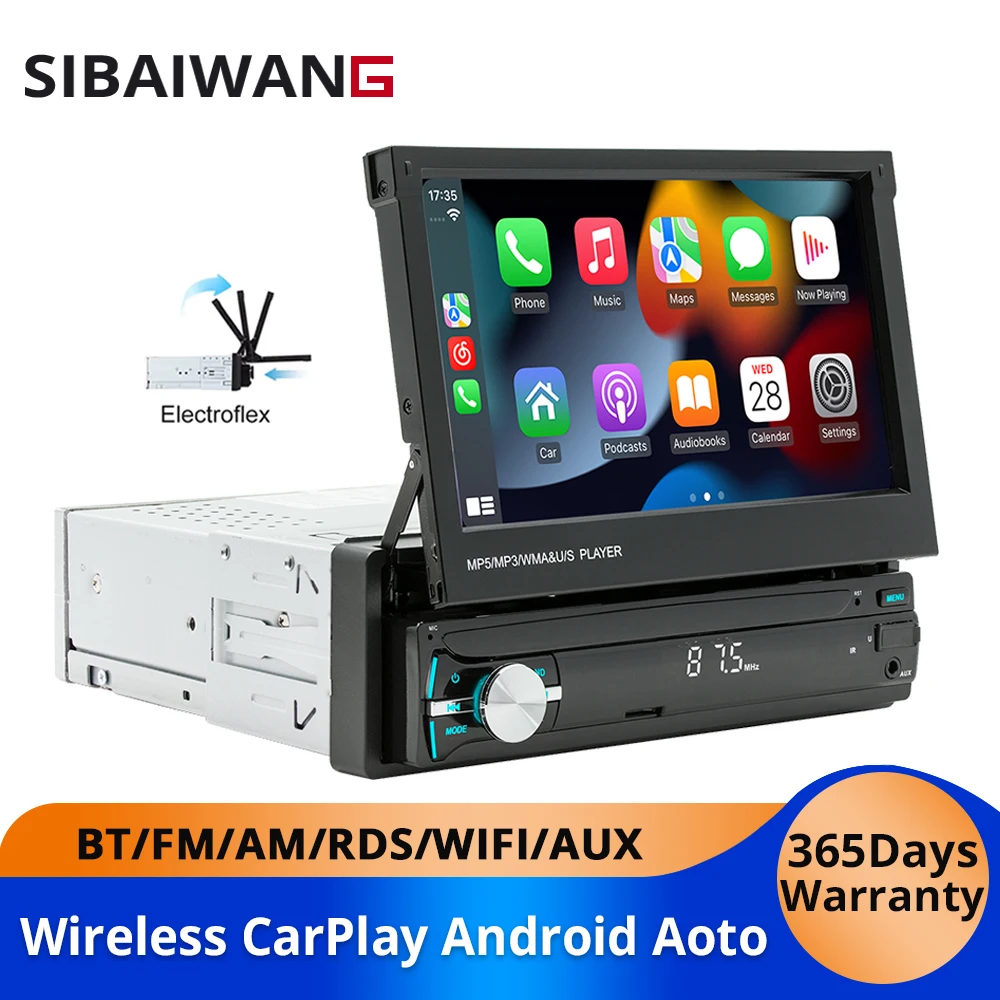 

7 inch Automatic Retractable Screen 1Din Car Stereo Radio MP5 Player Wireless Carplay Android auto FM AM RDS Radio WIFI AUX-In