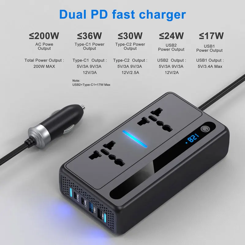 200W Car Power Inverter DC12V-AC220V US EU UK AU Universal Socket Plug PD Fast Charging Simulated Sine Wave Voltage Inverters