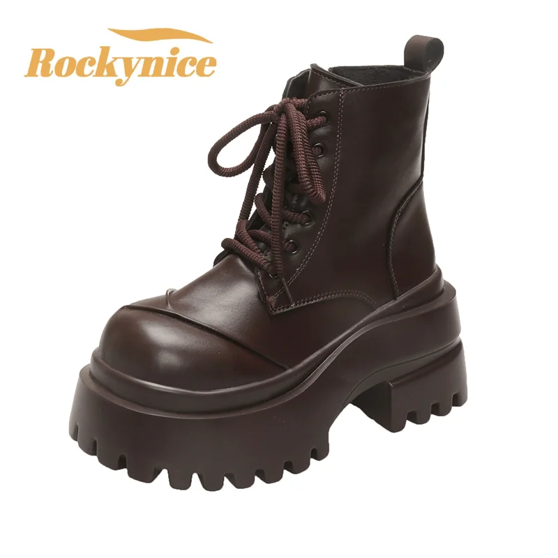 Women High Platform Ankle Boots New Winter Warm Fur Motorcycle Boots 9CM Heels Chunky Plush Leather Sneakers Woman Botas Mujer