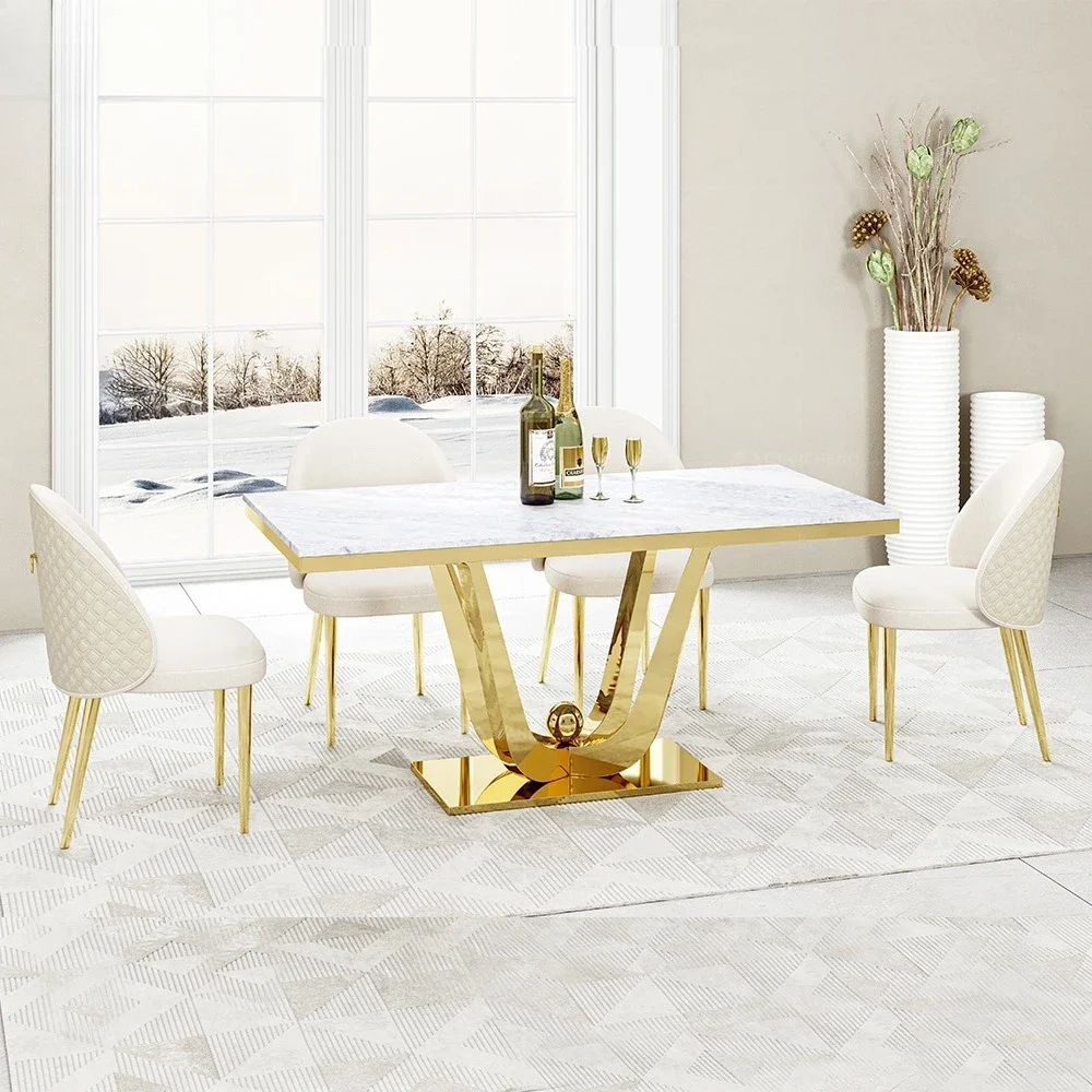 Glass dining table Modern household light luxury rectangular villa luxury dining table Stainless steel table High-end dining
