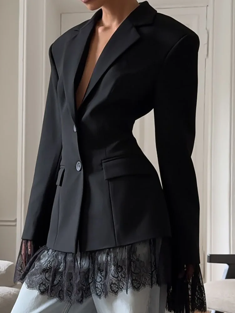 

Autumn Black Lace Patchwork Blazer Coat Fashion Street Long Sleeved Women's Jacket Elegant Temperament Button Office Outerwear