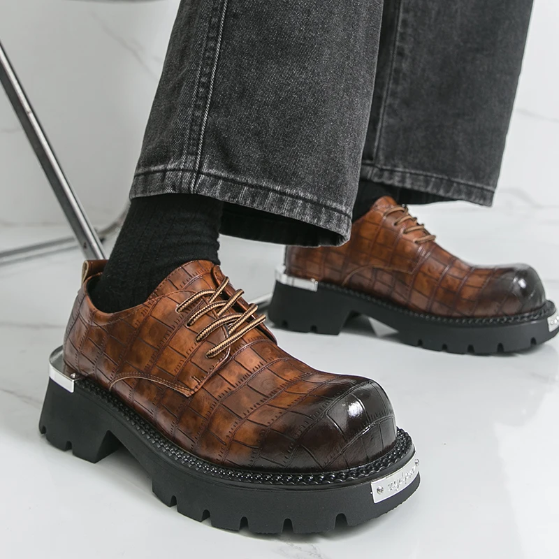 

Classic Men Thick-soled Derby Shoes Black Brown Men Casual Comfortable Breathable Fashionable Big-headed Shoes Social Shoes Men