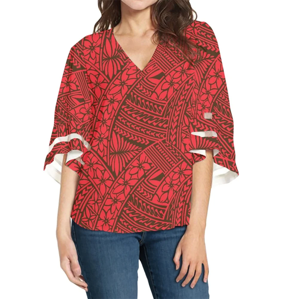 

Women's Casual Half Sleeve Plus Size Chiffon V-neck Loose Blouse Polynesian Tribal Samoan Print Clothing Pattern Lady's Top