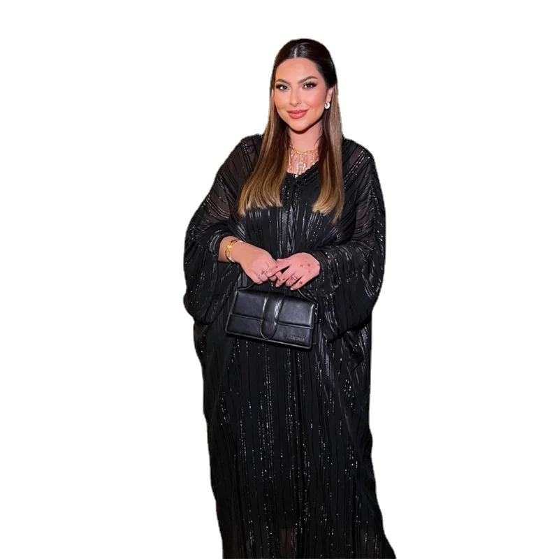 Conjunto Abaya Muçulmano de Tecido Brilhante Feminino, Vestido Manga Batwing, Kaftan Dubai, Modesto, Luxo, Modesto, 2 peças, Novo