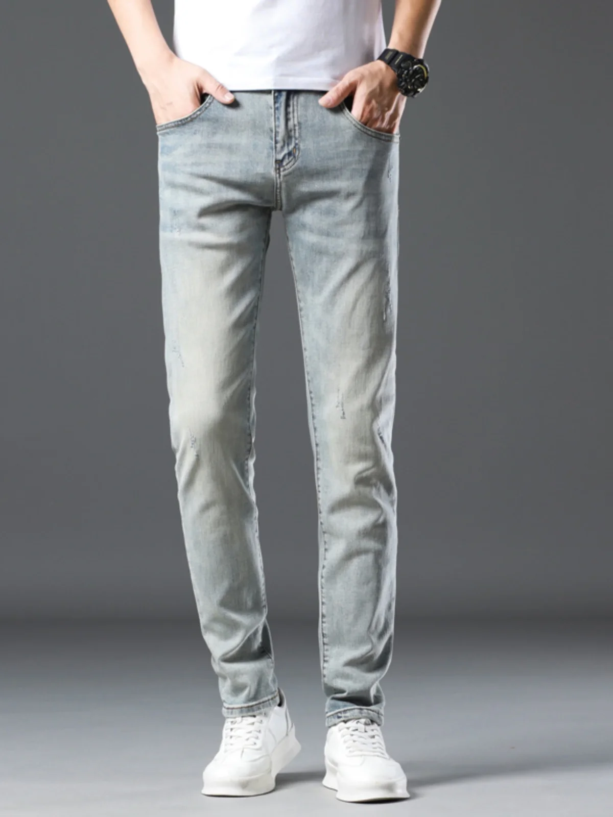 

Весенне-осенние новые мужские джинсы Slim Fit из эластичного хлопка, светло-голубые, в стиле ретро, универсальные, повседневные, с эффектом потертости