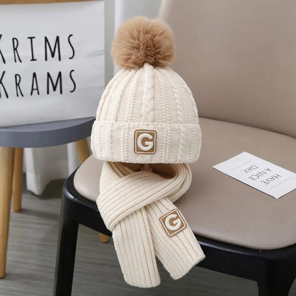 

Thicken Children's Hat with Scarf Plush Ball Solid Color Kids Crochet Hat Korean Style Neck Warmer Baby Ear Protection Hat