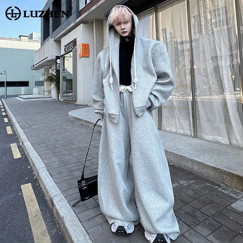 LUZHEN 2025 Spring New Loose Hooded Sweatshirt Men's Original Streetwear Baggy Solid Color Casual Pants Two-piece Sets LZ8374