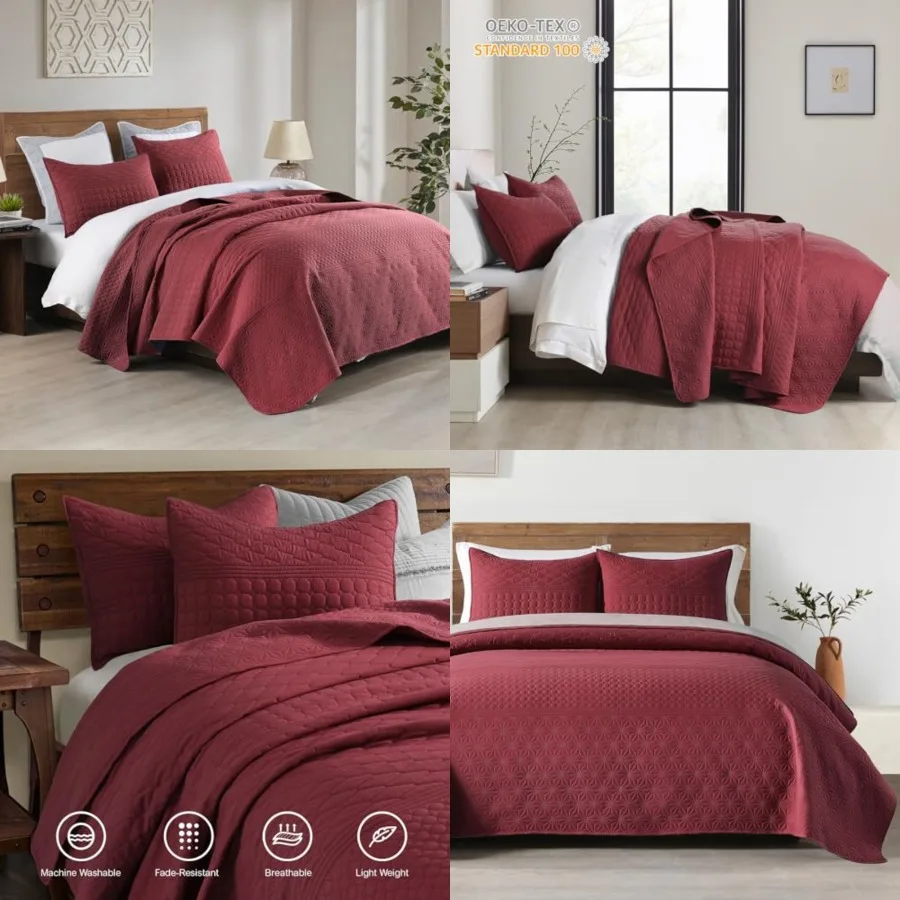 

Red Size Quilt Set - Soft Microfiber Bedspread with 2 Shams, Lightweight and All-Season Geometric Coverlet for Cozy Bedding