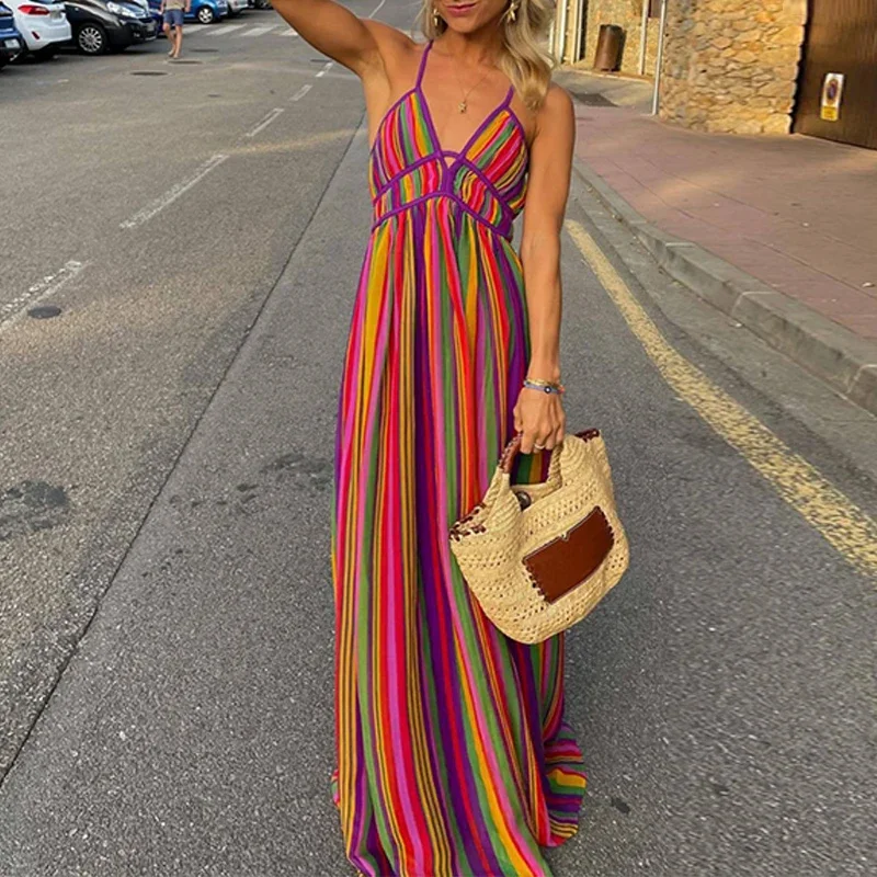 

Sexy Ladies V-neck Sleeveless High Waist Long Dress Fashion Hollow Backless Bohemian Dresses Summer Beach Colorful Stripe Dress