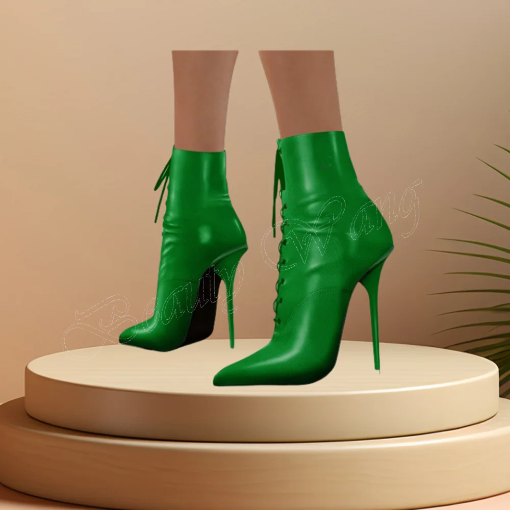 Green Front Cross Tied Ankle Boots Pointed Toe Lace up Shoes High Heel Shoes for Women Runway High Heels 2024 Zapatillas Mujer