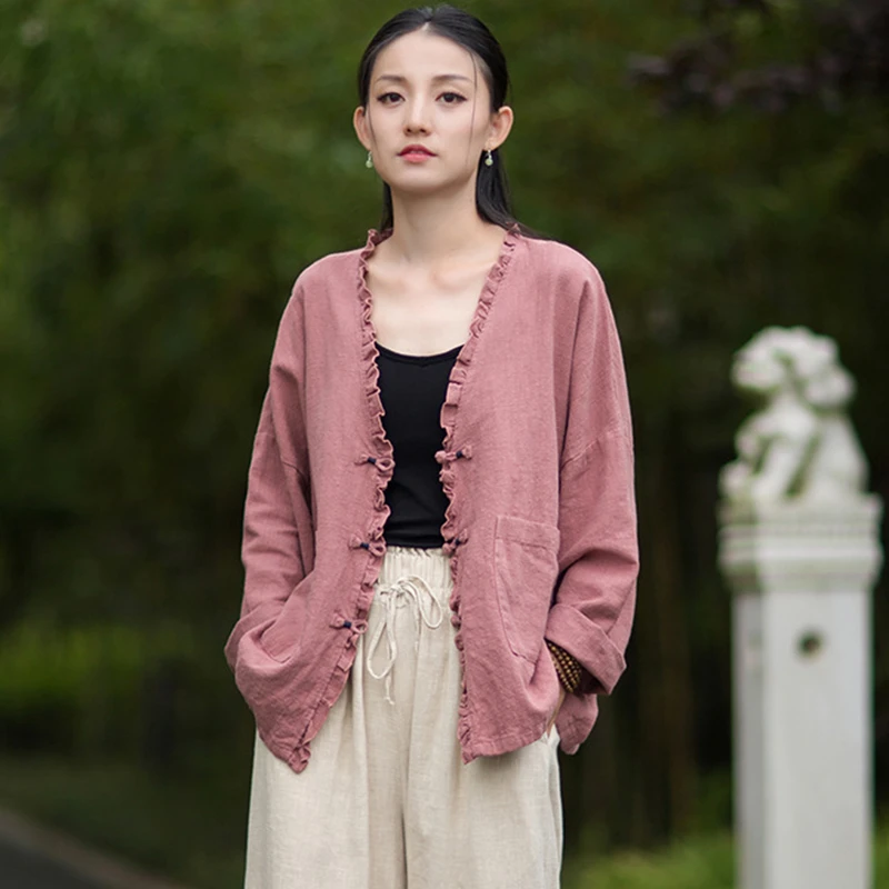 

Женские хлопковые и льняные повседневные пальто, Новое поступление, осень 2022, винтажный стиль, однотонные женские базовые куртки с рукавами «летучая мышь» M1984