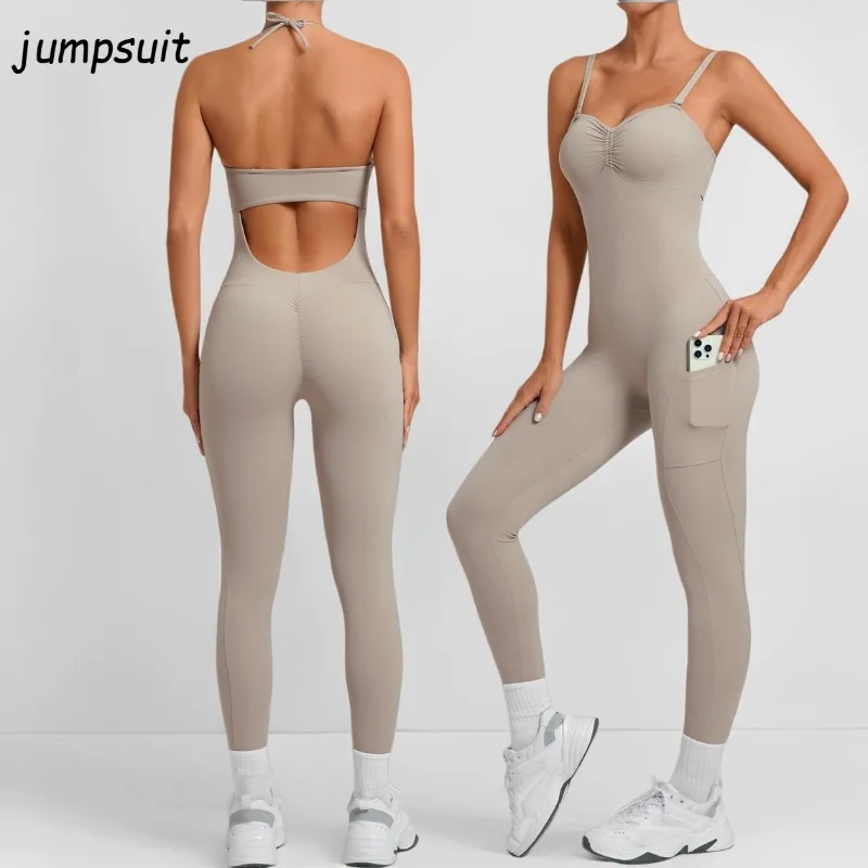 

Women's Yoga Jumpsuit Sports Fitness Gym One-piece Set with Pockets Sleeveless Pants Sportswear Breathable High Stretch Bodysuit