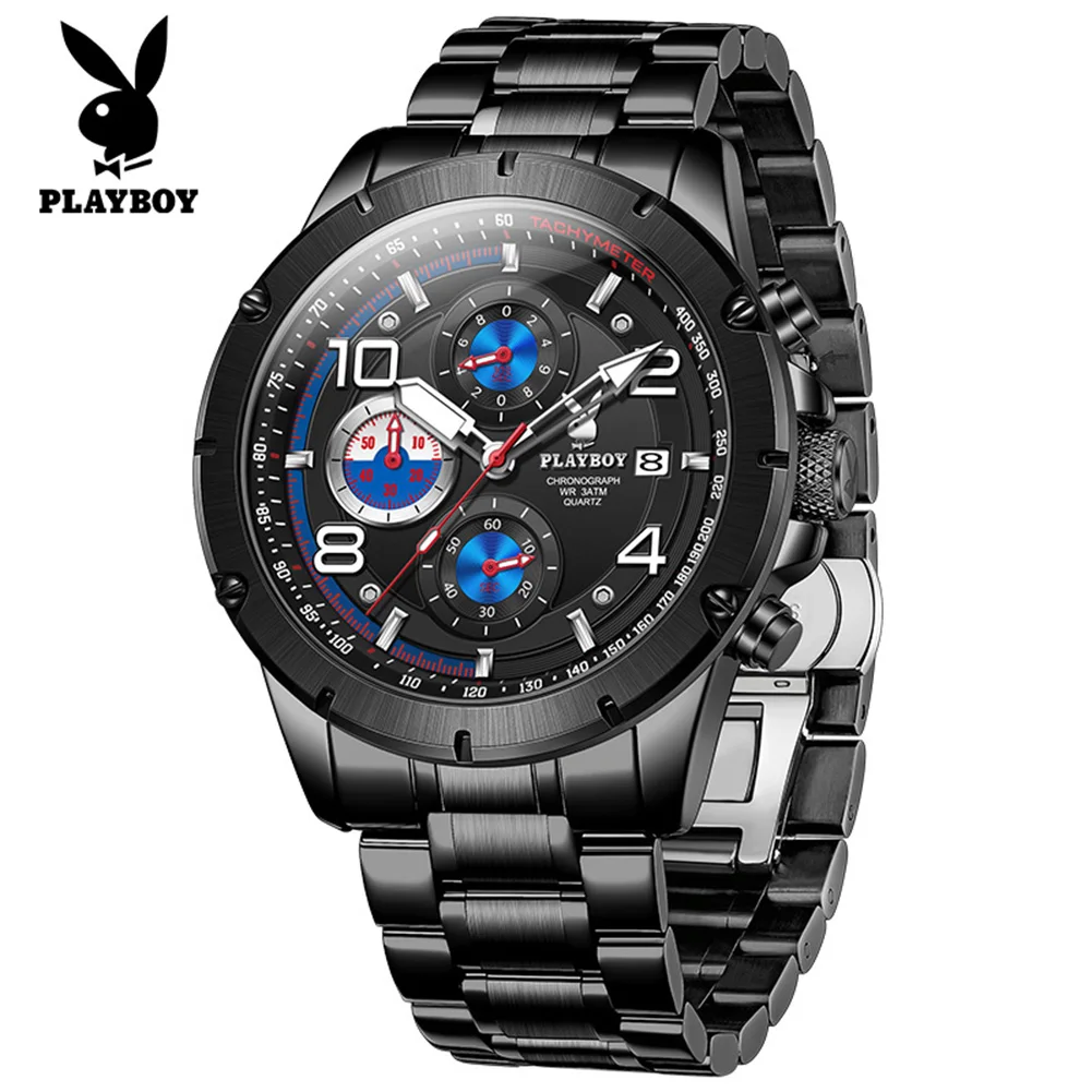 PLAYBOY Men's Watches Original Solid Steel Strap/Silicone Watchband Luxury Chronograph Sports Quartz Wrist Watches for Man 3509
