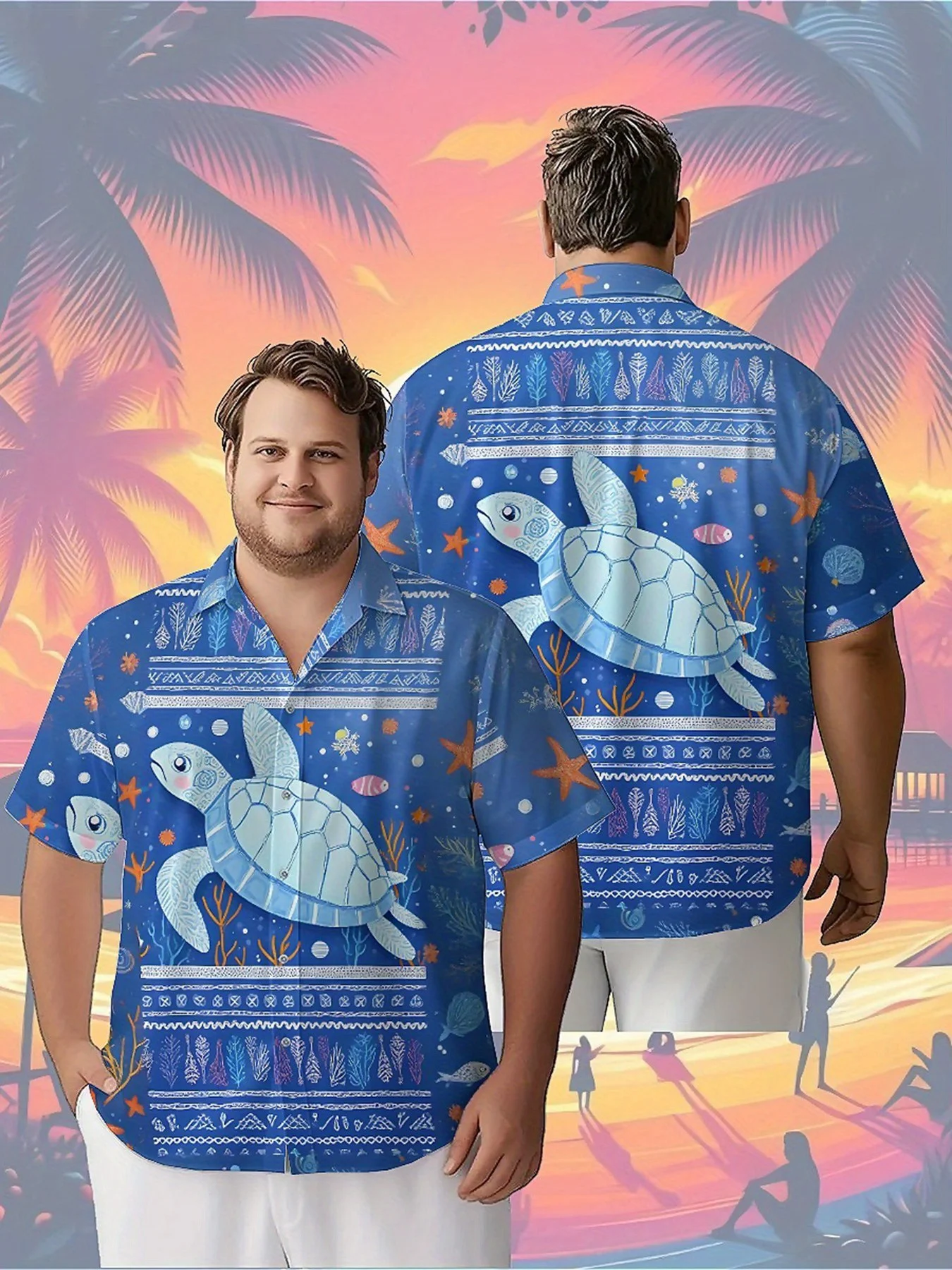 

Men's Plus Size Hawaiian Shirts Blue Turtle and Coral World Pattern, Unisex Aloha Shirts,New in Summer Tops Tee,streetwear