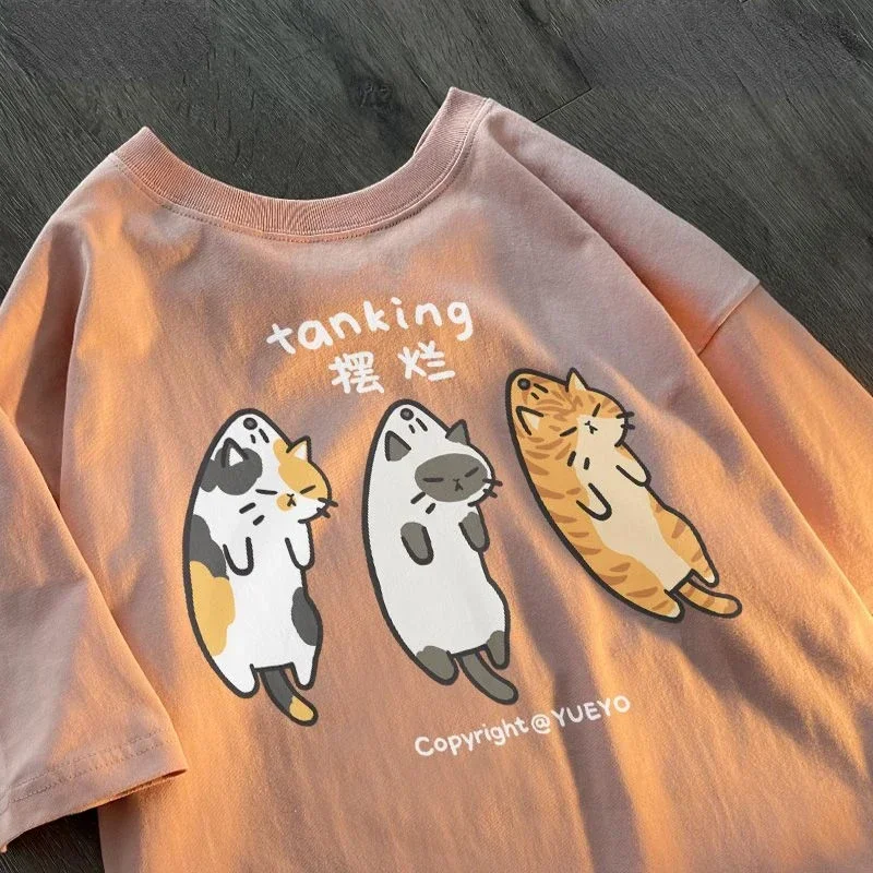 Short Sleeved T-shirt for Women Three Cats with Tattered Printing Loose and Versatile Pure Cotton Japanese Top Clothing