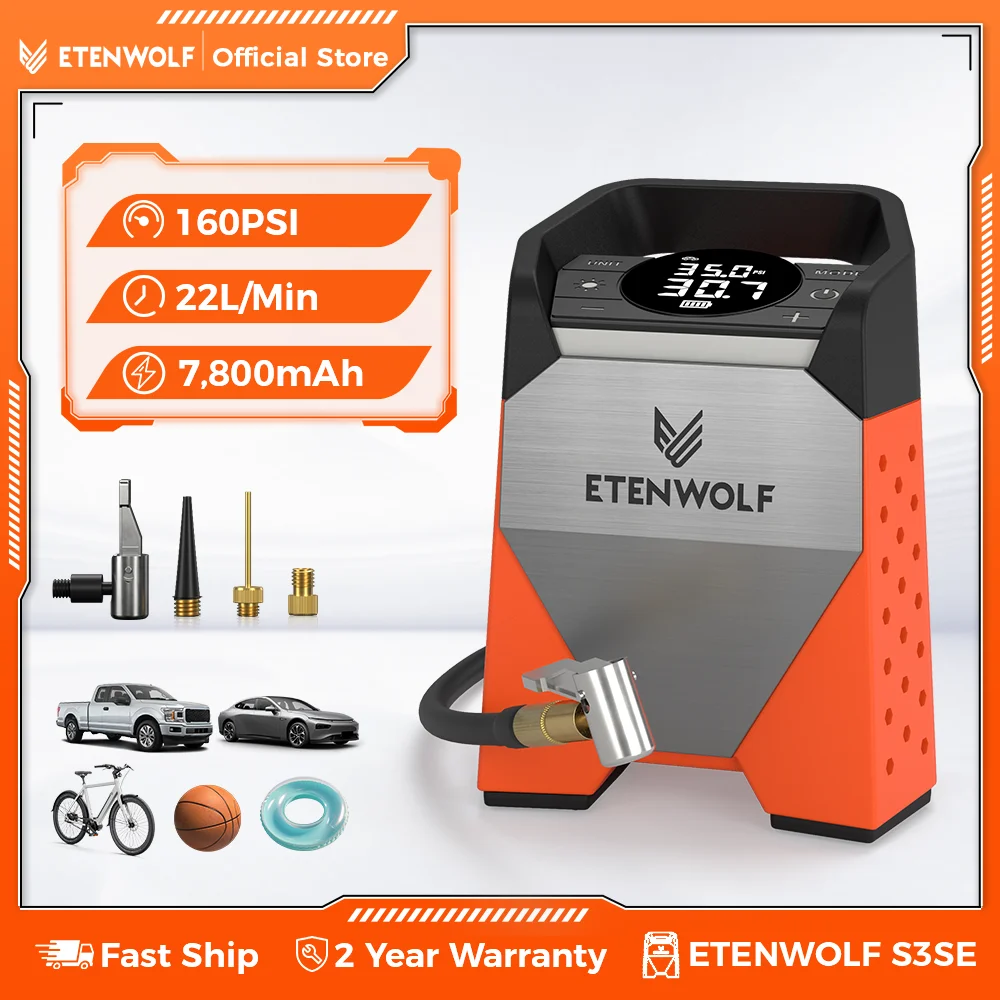 ETENWOLF ZEPHYR S3C 7800mAh Portable Air Compressor Suitable for Cars, Motorcycles, Cycling Balls 100% Duty Cycle Car Tire Inflator