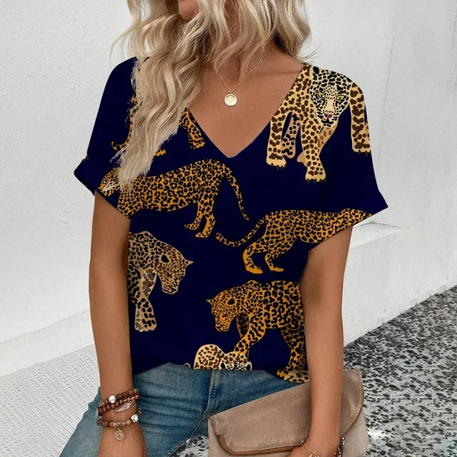 Summer clothing V-neck sexy leopard print T-shirt animal pattern women\'s shirt short sleeve street Korean style women\'s clothing