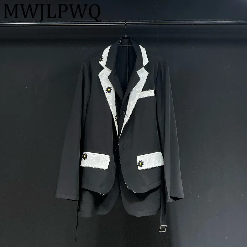 

MWJLPWQ 2025 New Design Black Patchwork Floral Decorate Suit Jacket For Men High Street Lapel Single Breasted Women Tops 12166