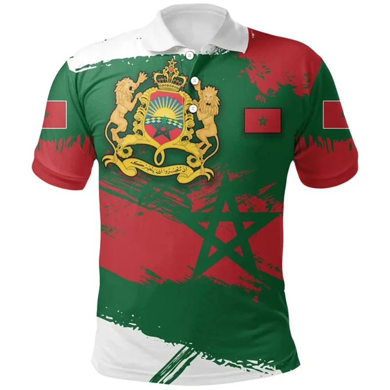 Morocco Flag Dashiki Polo Shirt For Men Summer 3d Printed T Shirts Tops Short Sleeve Tshirts Street Lapel Button Tees Clothing