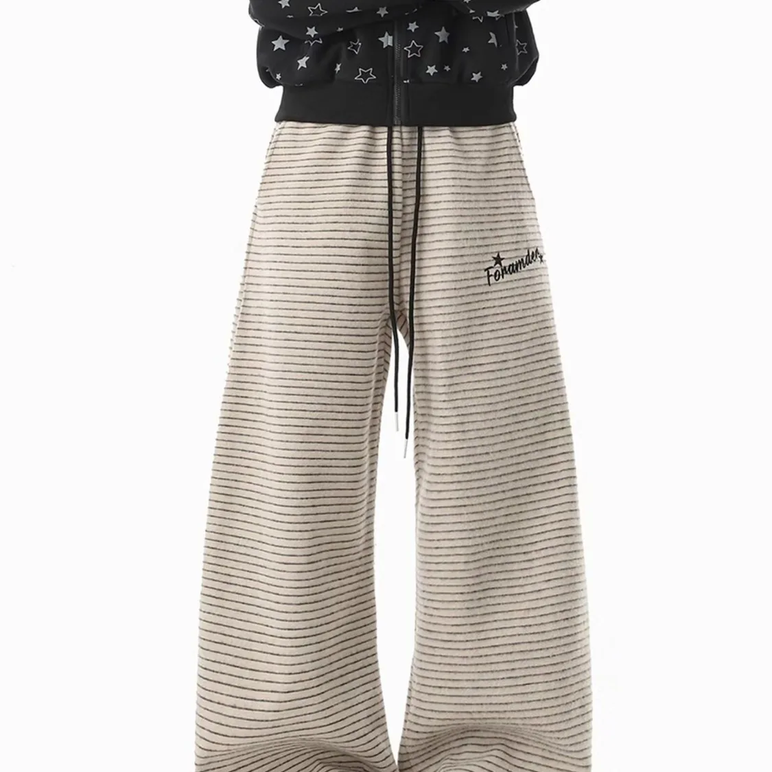 Amerikaanse luie stijl horizontale streep hangende wijde pijpen broek 2026 herfst en winter hoge taille afslankende dames abrikoos recht