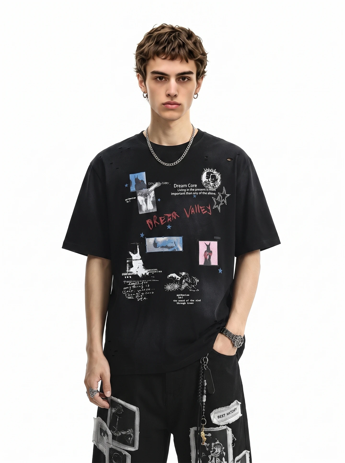 BETEBULE Graffiti Print Ripped Short Sleeve T-Shirt Men Summer Street Style Loose Fit round Neck Casual Top for Youth
