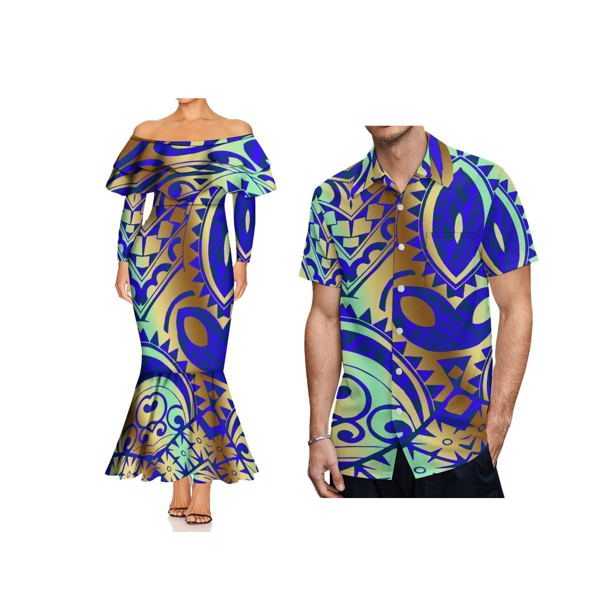 Print on Demand Fishtail-jurk met dubbele ruches en lange mouwen Hawaii-stijl ontwerp Dame off-shoulder zeemeermin galajurk Bodycon-jurk