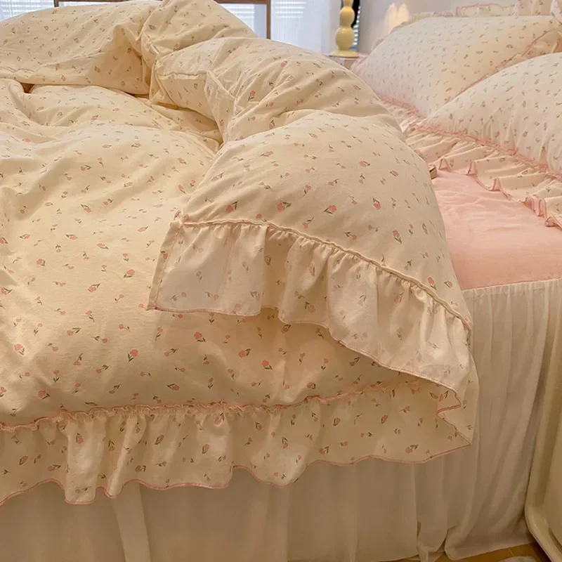Sweet Flower Printed Bed Skirt Bedding Set Skin Friendly Cotton Nude Sleeping Comforter Cover Set Class-A Single Home Textile
