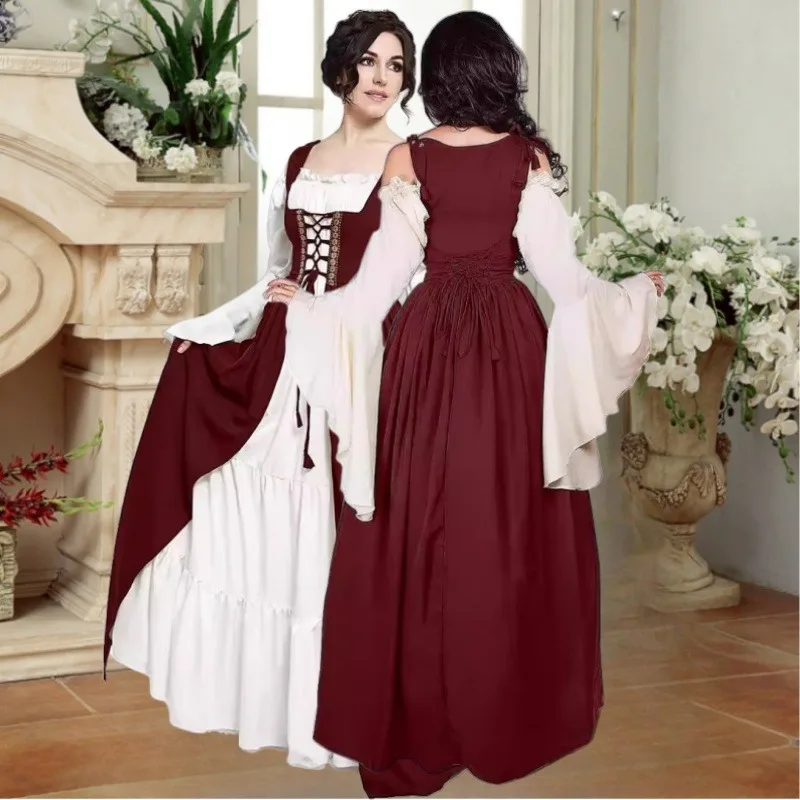 فستان تنكري للأميرة في العصور الوسطى للهالوين، فستان تنكري بخصر مربوط وياقة مربعة