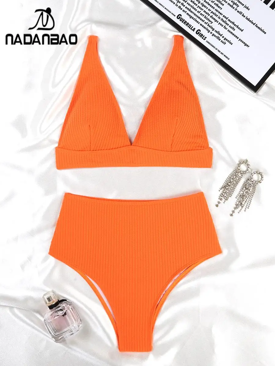 Nadanbao Sexy Bow Beach Party Bikini Set Women High Waist Solid Fashion Backless Bathing Suit Female V-Neck Bikini Swimwear